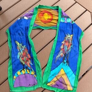Silkscapes Vintage 90s Hand Painted Colorful Bird Print Scarf